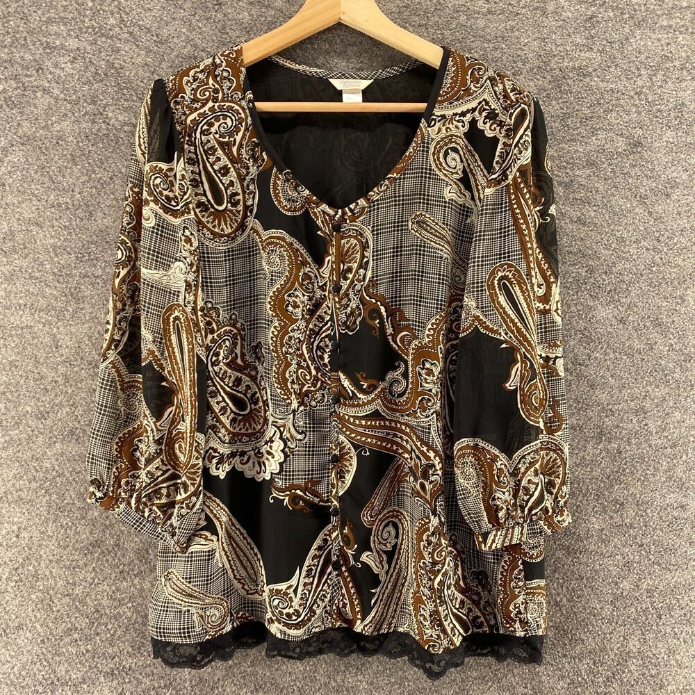 Christopher & Banks Blouse Women L Large Black Paisley V-Neck Long Sleeve Lined
